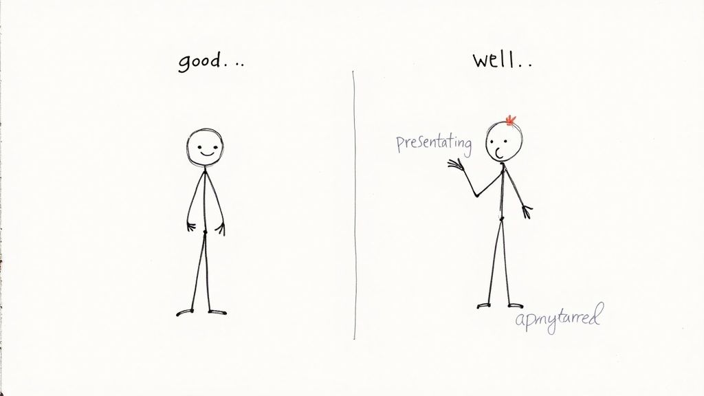Stick figure cartoon demonstrating the grammatical distinction between 'good' (standing still) and 'well' (presenting).