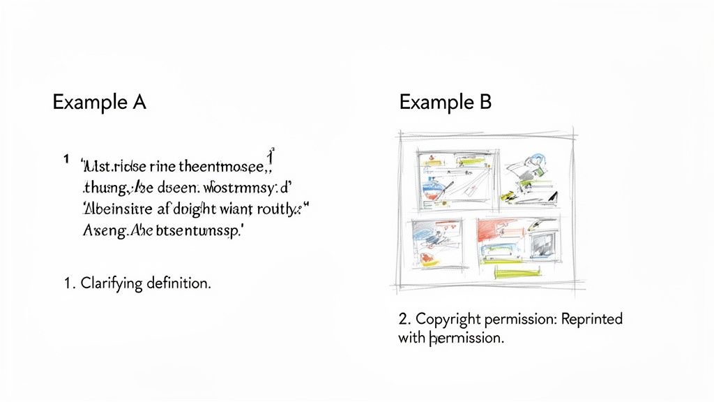 Examples demonstrating a clarifying definition for text and a copyright notice for images.