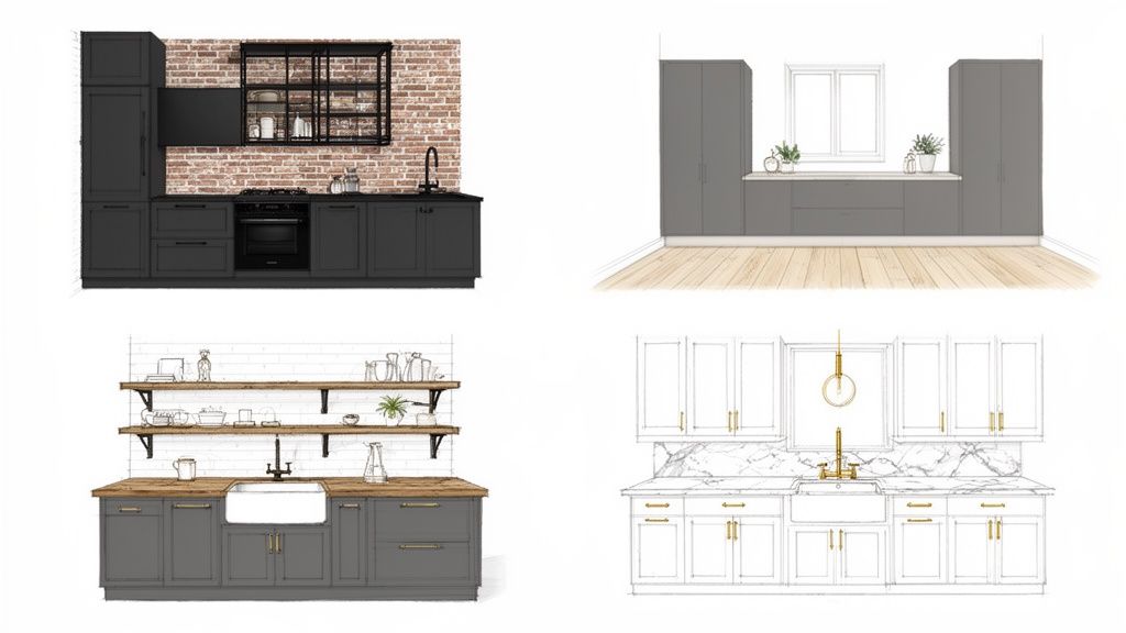 Four distinct kitchen designs showcasing different styles, colors, and layouts for home inspiration.