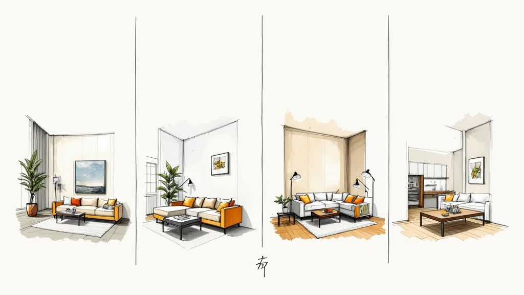 Four interior design room layouts showing modern living spaces with furniture and decor variations