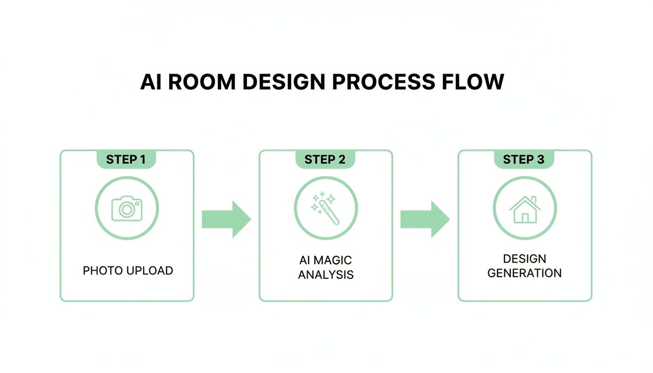 A flowchart illustrates the AI room design process: Photo Upload, AI Magic Analysis, and Design Generation.