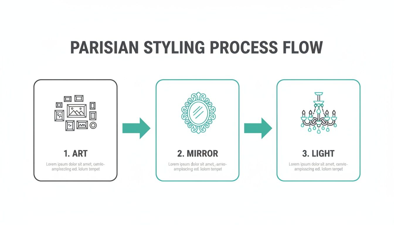 A three-step Parisian styling process flow diagram featuring Art, Mirror, and Light icons.