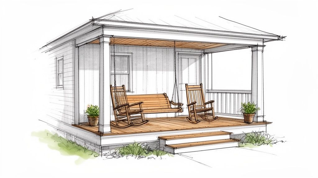 A charming sketch of a rustic farmhouse porch featuring a swing, two rocking chairs, and potted plants.