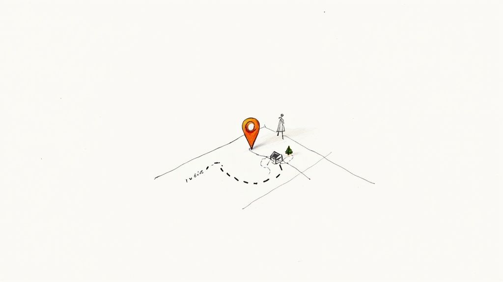 Hand-drawn map showing an orange location pin, a small house, a person, and a dotted path.