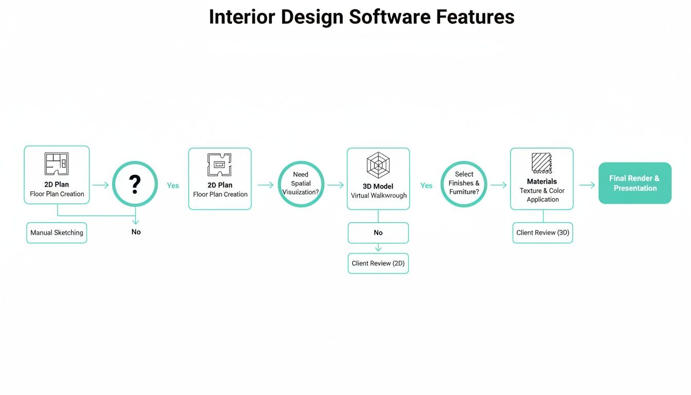 Flowchart illustrating interior design software features, showing steps from 2D plans to 3D rendering and presentation.