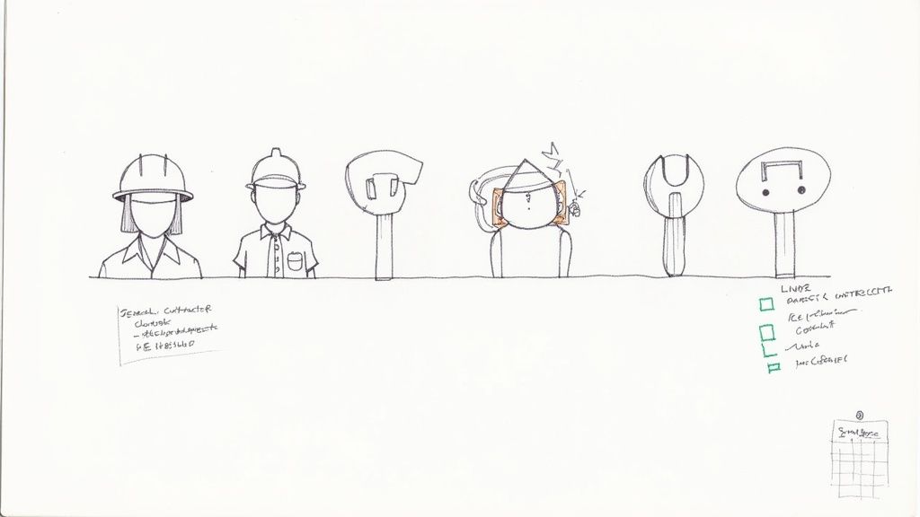 Six different character design sketches showing various minimalist avatar styles with construction worker and casual themes