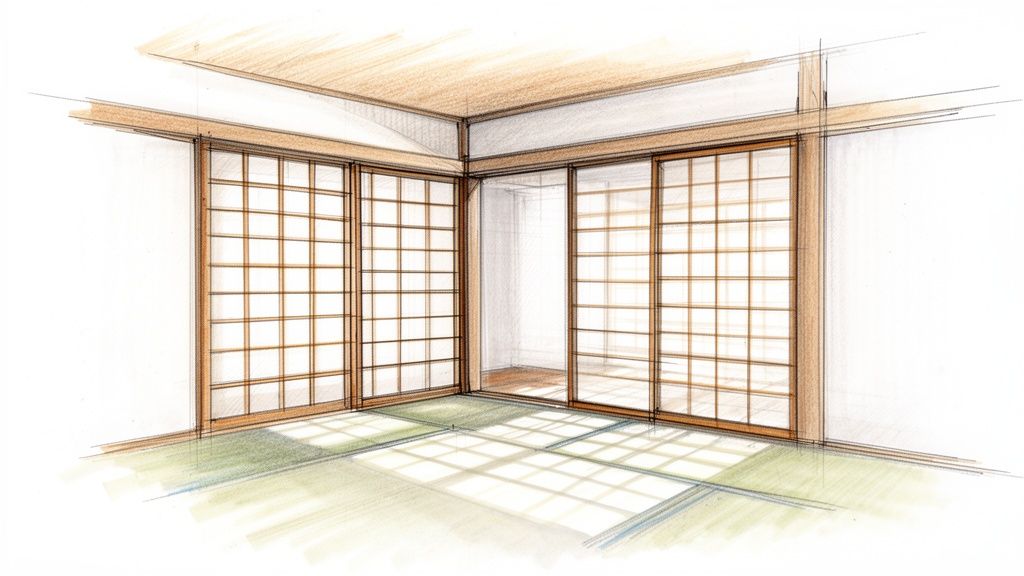 A serene watercolor sketch of a traditional Japanese room with shoji screens, tatami mats, and grid shadows.