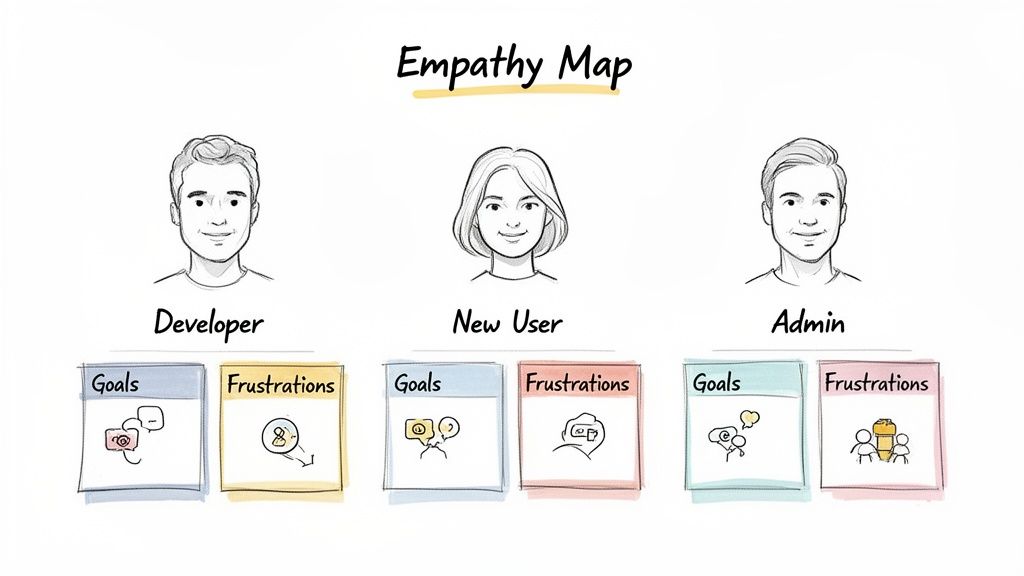 An empathy map illustrating the goals and frustrations of a Developer, New User, and Admin.