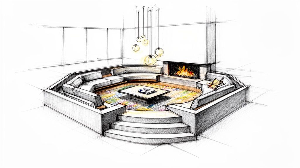 Architectural sketch of a modern sunken living room with curved sofa, fireplace, and pendant lights.