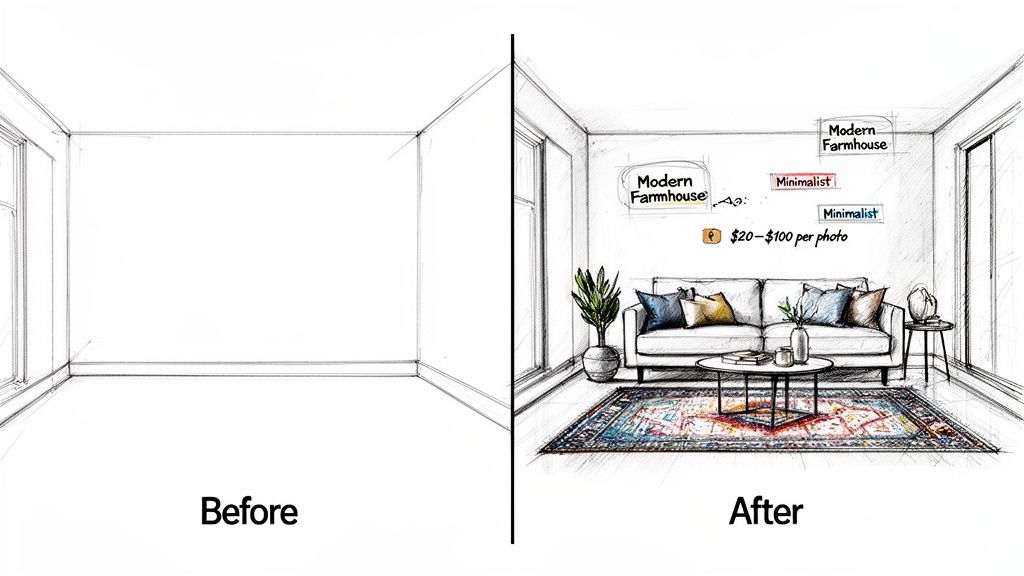A sketch illustrating virtual home staging, showing an empty room (Before) transformed into a furnished living room (After) with style and pricing.