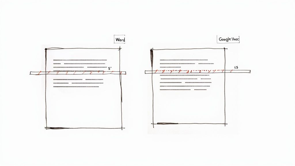 A hand-drawn comparison of text formatting in Word and Google Docs, with red measurement lines.