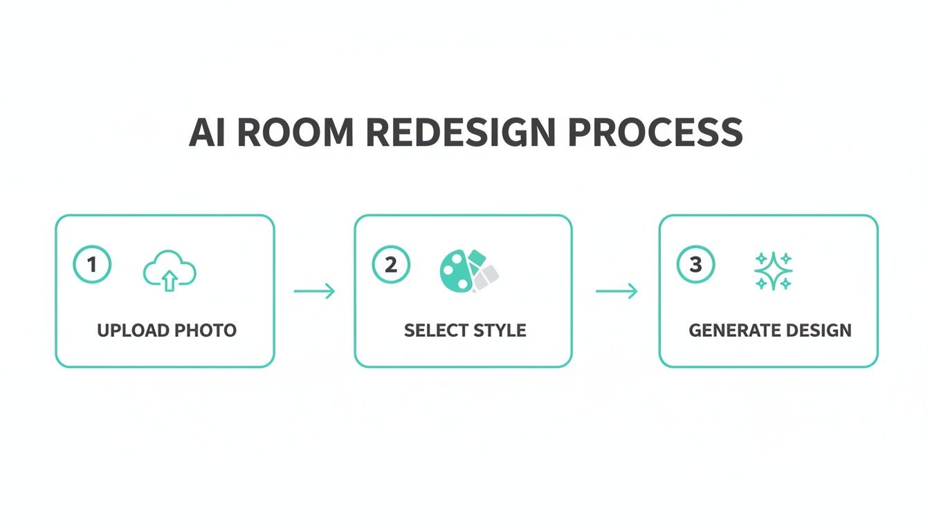 A three-step AI room redesign process: upload photo, select style, and generate design.