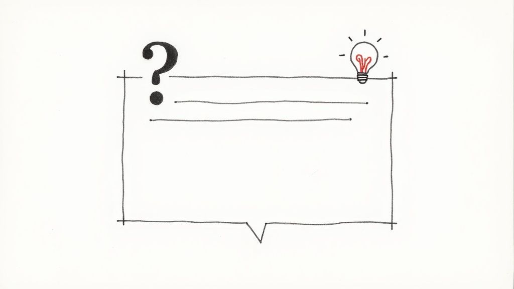A hand-drawn speech bubble with a question mark, lines, and a glowing lightbulb, representing a thought process.