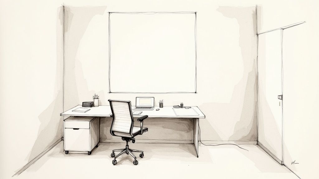 A hand-drawn sketch of a modern, minimalist office or study room with a desk and chair.