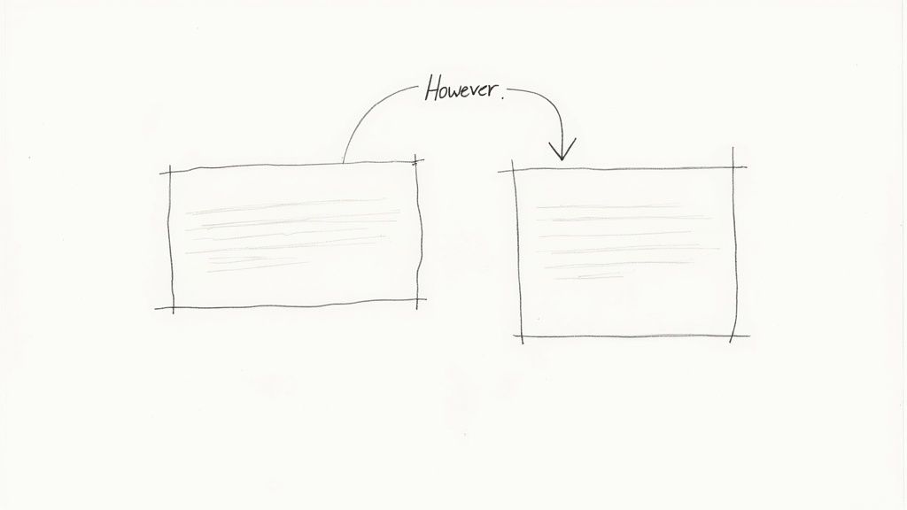 A diagram illustrating a paragraph transition, showing two text boxes connected by an arrow with the word 'However'.