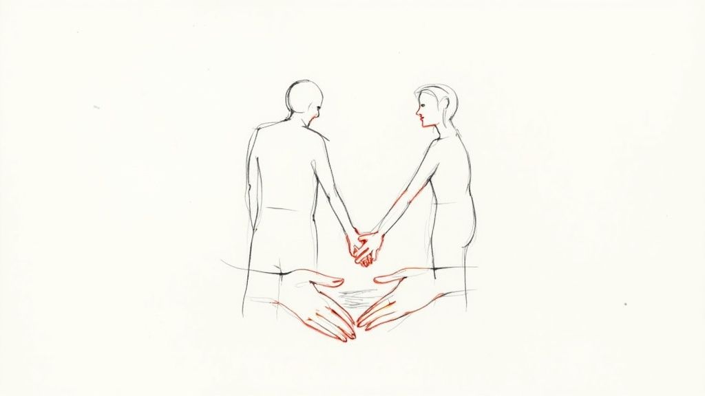 A minimalist sketch of two figures holding hands, with larger hands forming a heart shape below.