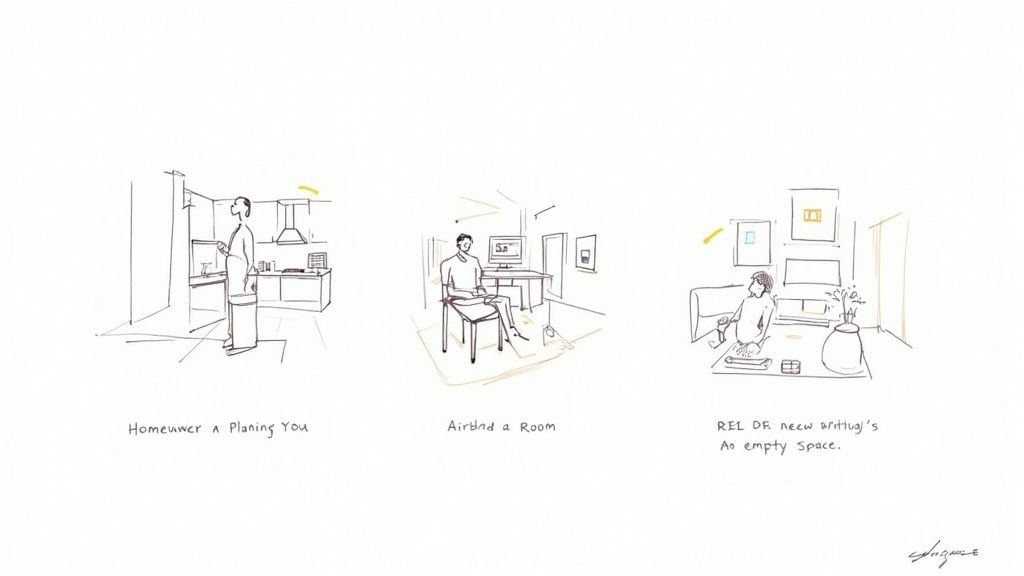 Three line drawings depict individuals interacting with different home interior spaces for planning or design.