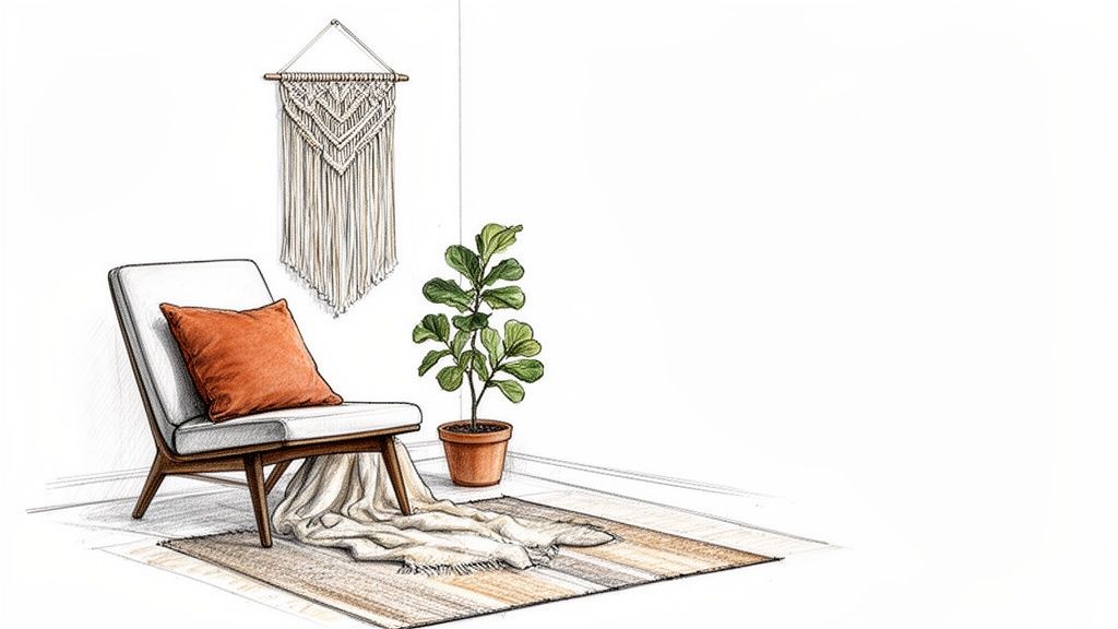 A cozy, modern bohemian interior design sketch showing a chair, plant, macrame, and rug.
