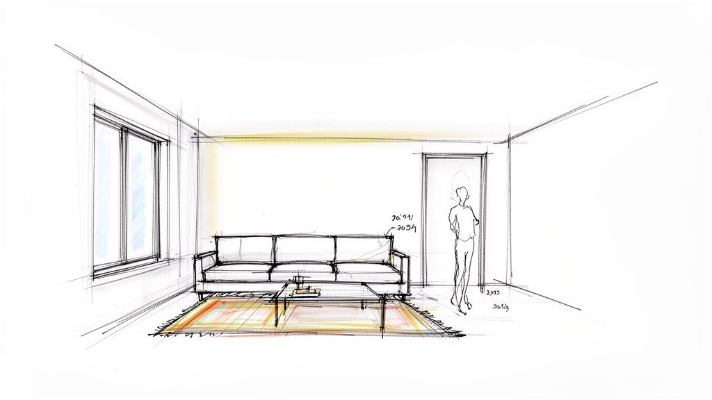 A hand-drawn perspective sketch of an interior living room with a sofa, coffee table, and window.