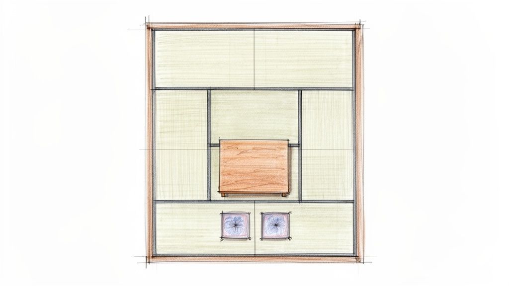 Top-down sketch of a traditional Japanese room with tatami mats, a low table, and floor cushions.