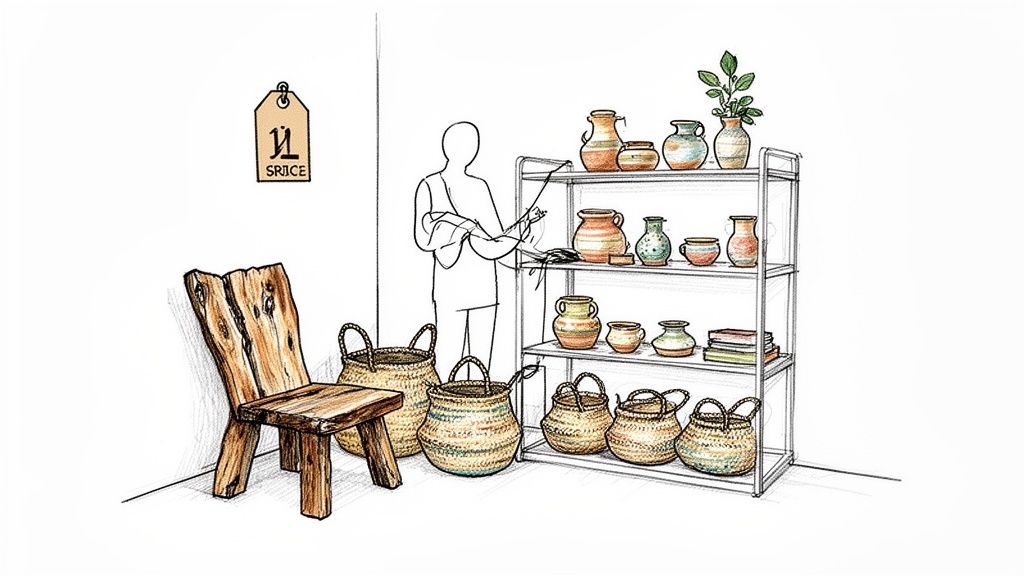 A colorful sketch of a modern boho interior design featuring handmade pottery, woven baskets, and rustic wooden furniture.
