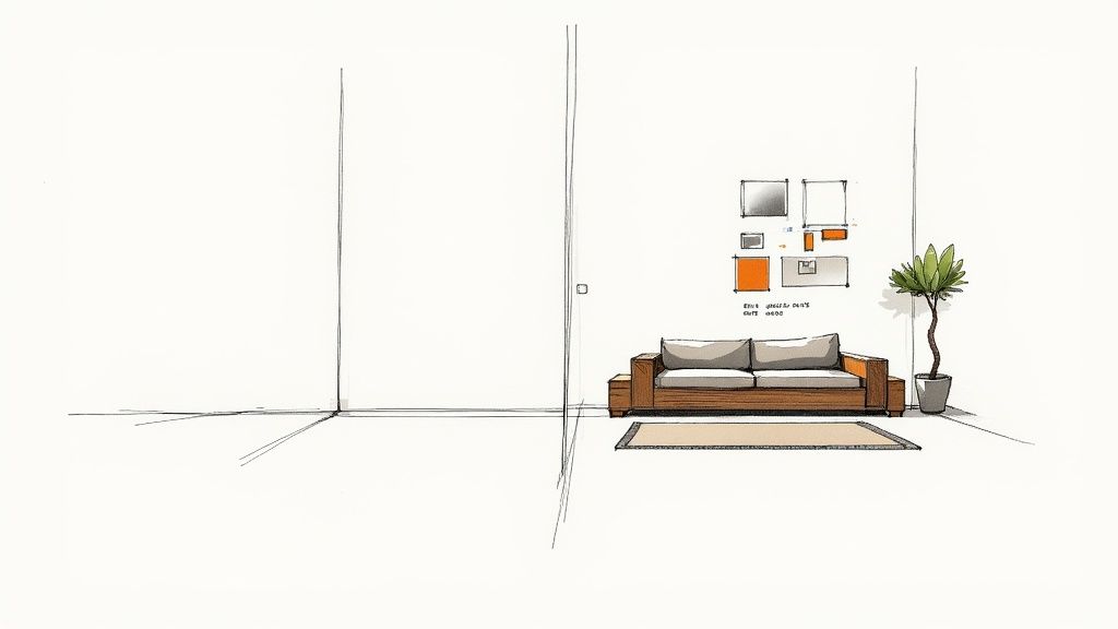 Modern minimalist living room interior design sketch with brown sofa, wall art, and decorative plant