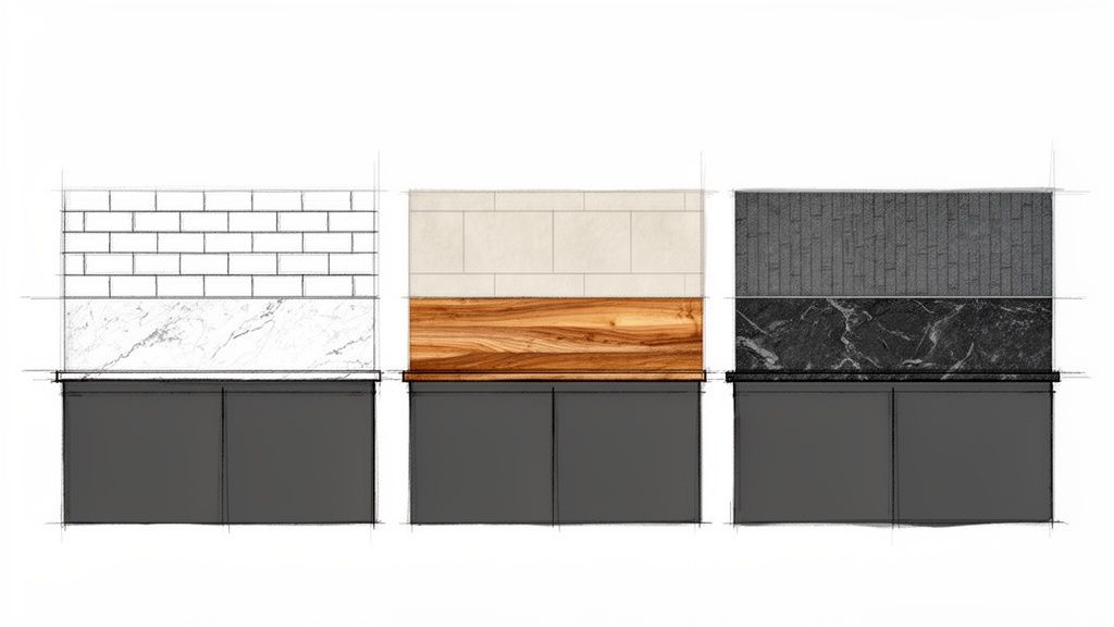 Three kitchen designs with charcoal grey cabinets, showcasing various backsplash and countertop materials.
