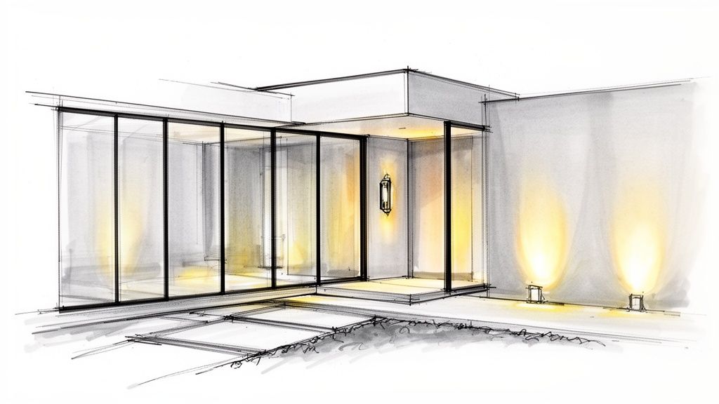Watercolor sketch of a contemporary house exterior featuring glass walls and atmospheric lighting.