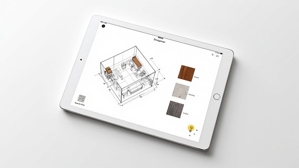 White tablet displaying a home design app with a 3D room plan, furniture, and material samples.