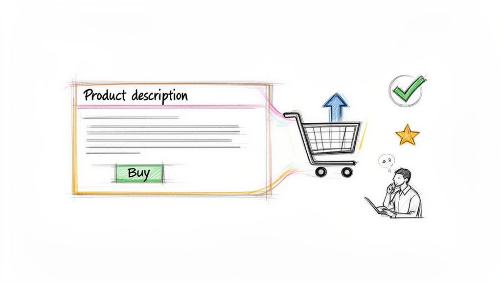 Hand-drawn illustration depicting a product description page, online purchase process, and customer feedback.