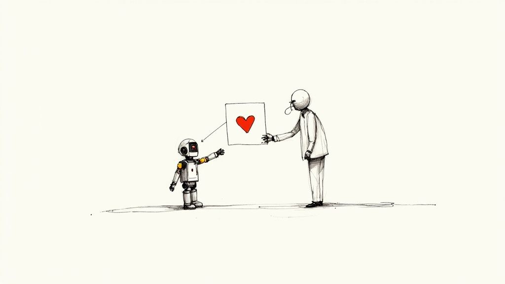 Small robot offering heart drawing to human figure illustrating emotional connection and empathy