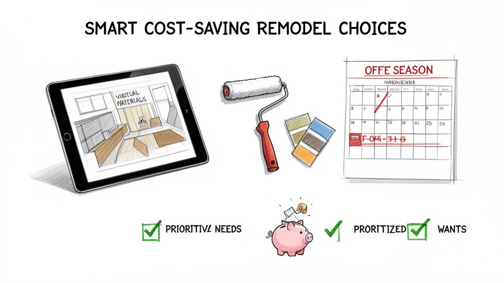 Illustrative guide on smart cost-saving remodel choices with virtual materials, paint, calendar, and prioritizing needs.