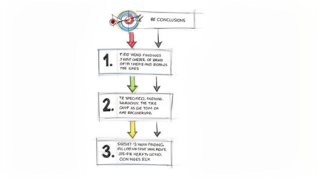 Hand-drawn flowchart illustrating steps to reach conclusions, with a target at the top.