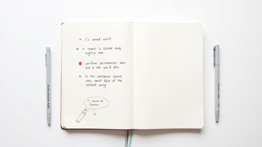 Open notebook with handwritten bullet points and doodles, flanked by two gray pens on a white desk.