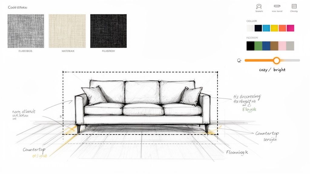 A hand-drawn sketch of a three-seater sofa with fabric swatches and color palettes.