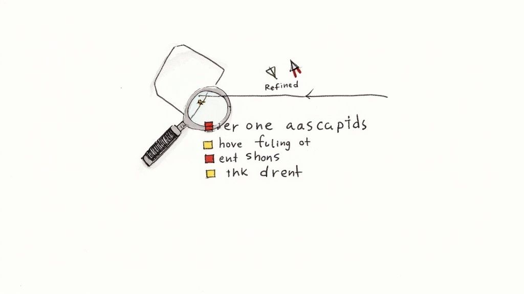 A person calmly reviewing content on a laptop with green checkmarks and red flags indicating areas for review.