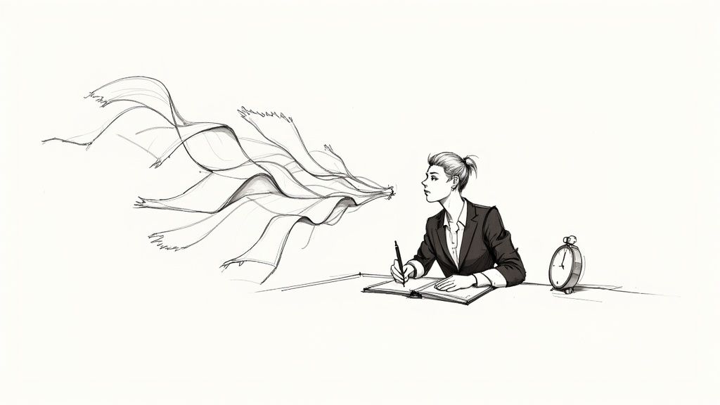 Sketch of a person focused on creative writing, with ideas flowing and an alarm clock.