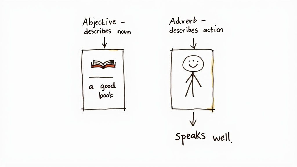 A simple diagram illustrating the difference between an adjective and an adverb, using 'good' and 'well' examples.