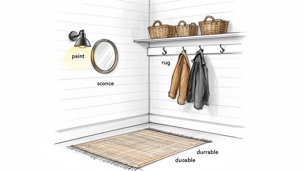 An illustrated mudroom design featuring a shelf with baskets, coat hooks, a mirror, wall sconce, and a durable rug.