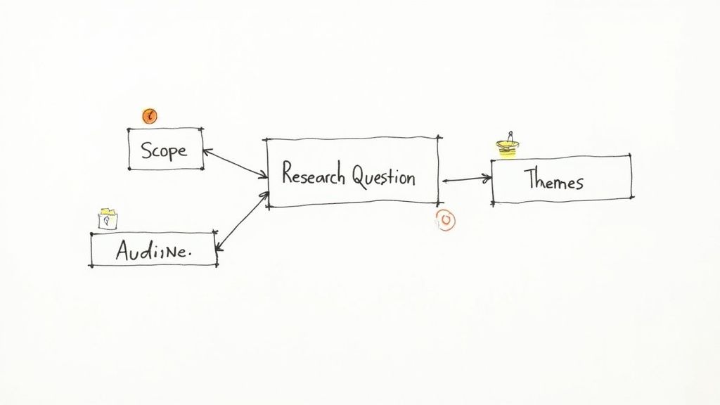 A person carefully organizing and planning their work on a large wooden table with various notes and tools.