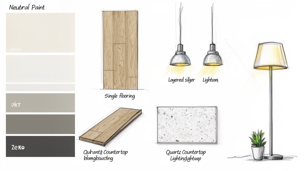 An interior design sketch board featuring neutral paints, wood flooring, quartz countertops, and various lighting options.