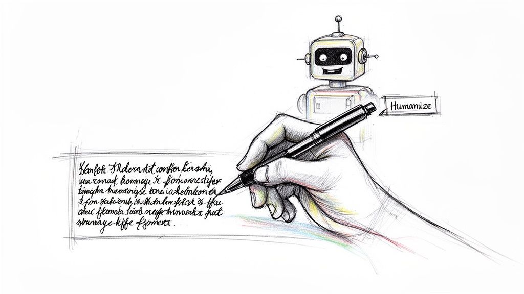 A human hand writes with a pen on paper, with a robot saying 'Humanize' in the background.