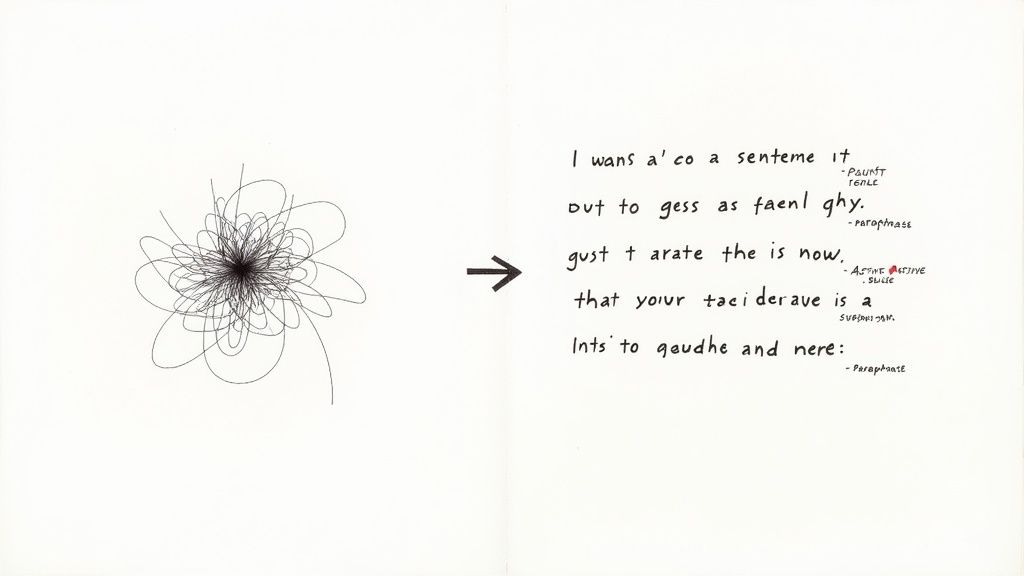 Scribbled drawing with arrow pointing to text explaining paraphrase techniques and sentence structure changes