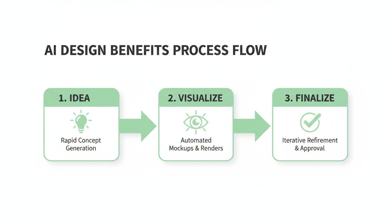 A flowchart titled 'AI Design Benefits Process Flow' showing three steps: Idea, Visualize, Finalize.