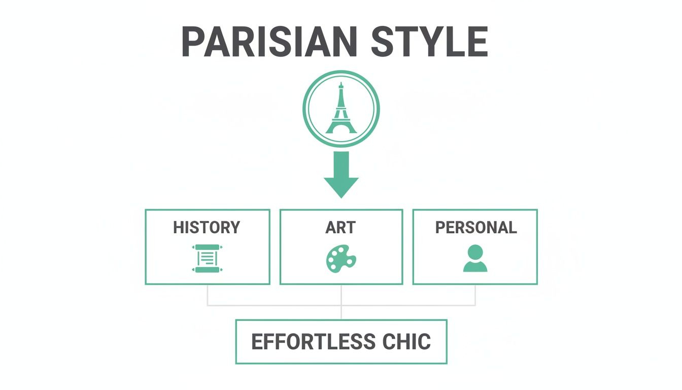 A flowchart illustrating Parisian Style, showing its components: History, Art, and Personal elements, all leading to Effortless Chic.
