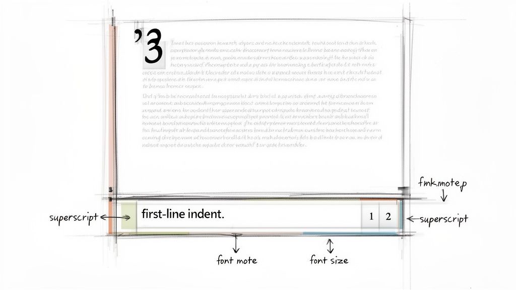 Diagram illustrating document layout elements, including first-line indent, font size, superscripts, and footnote indicators.