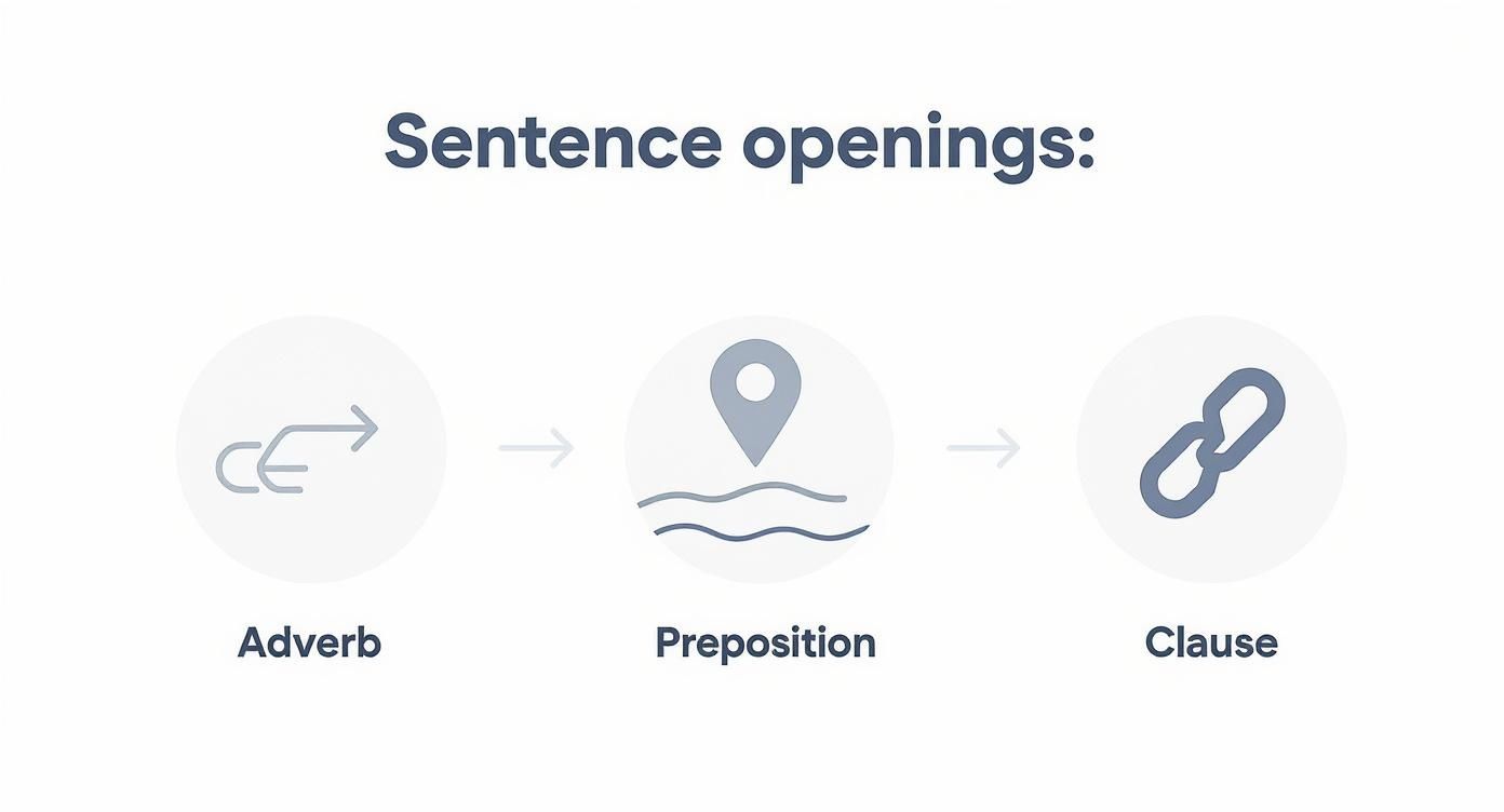 A diagram showing three ways to open sentences: Adverb, Preposition, and Clause.