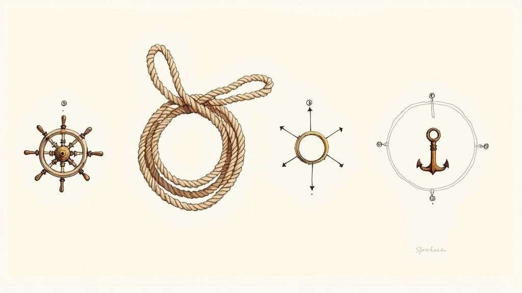 A whimsical illustration of nautical elements including a ship's wheel, coiled rope, a compass, and an anchor.