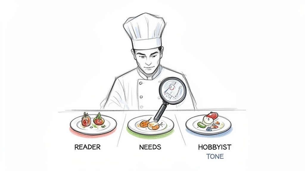 A chef analyzes three distinct plates representing 'READER', 'NEEDS', and 'HOBBYIST TONE' with a magnifying glass.