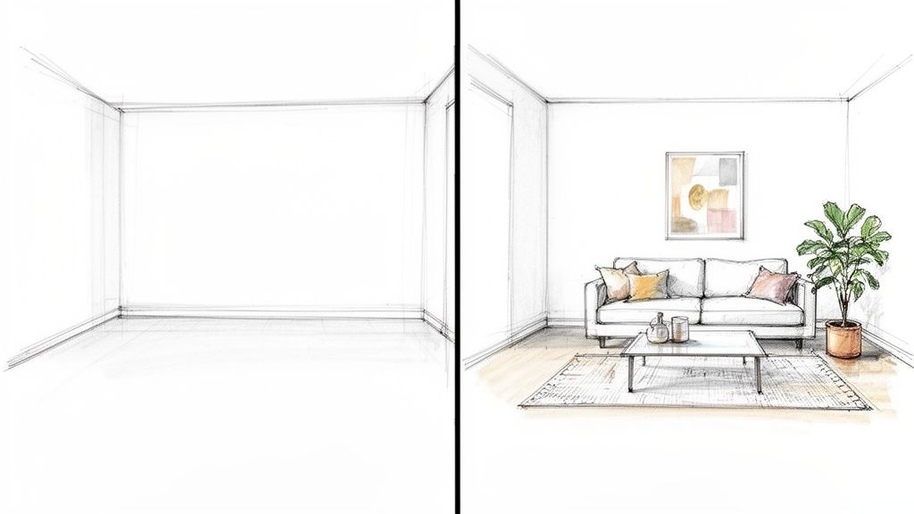 Sketch illustrating an empty room on the left, transformed into a furnished living space on the right.